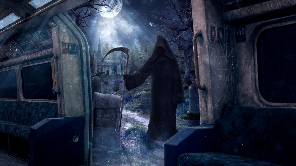 grim reaper in doors of a ghost train thorpe park promo picture
