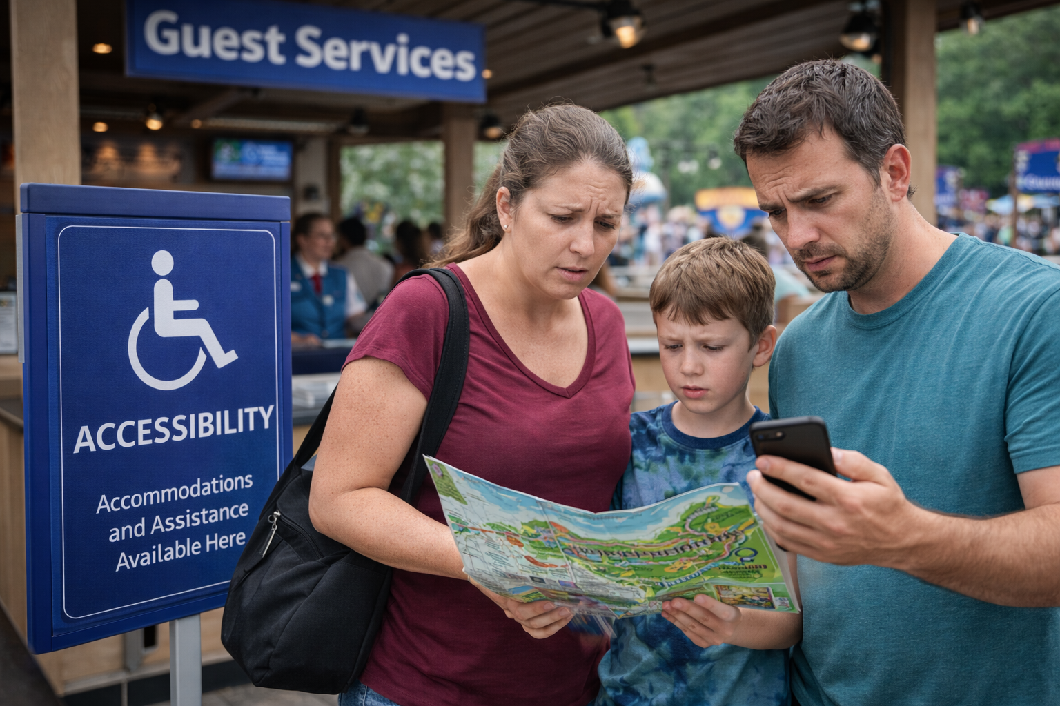 Guest services desk sign with a family looking at a phone and park map
