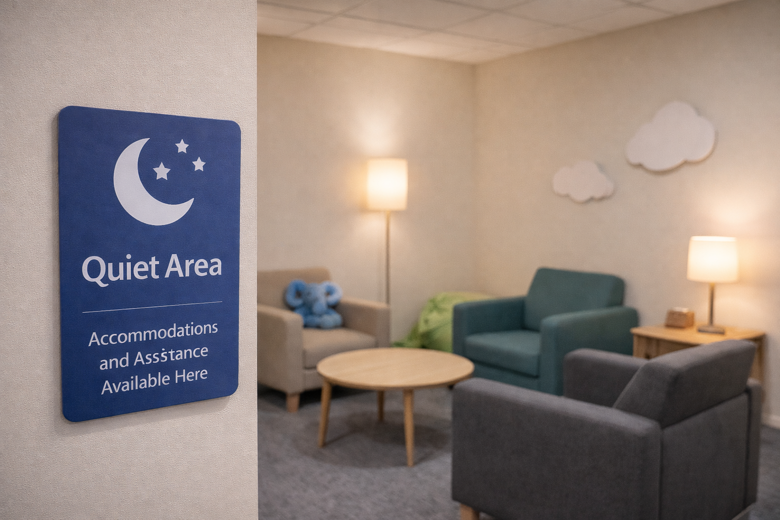 Quiet space sign and a calm seating area inside an attraction