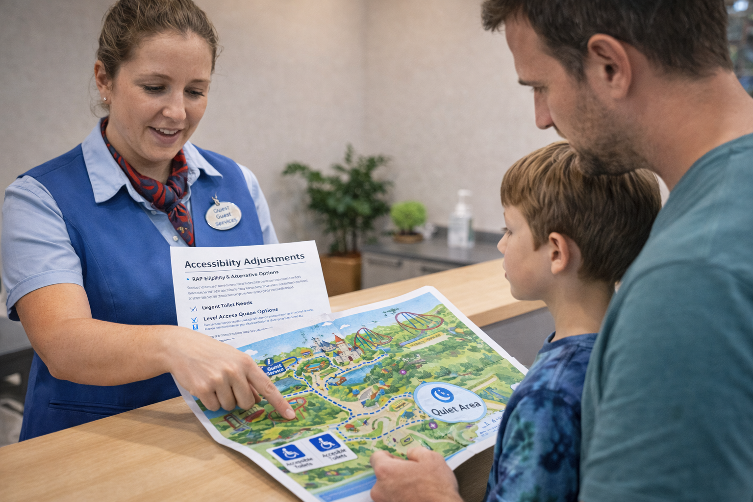 Accessible customer support interaction showing clear guidance and a calm environment