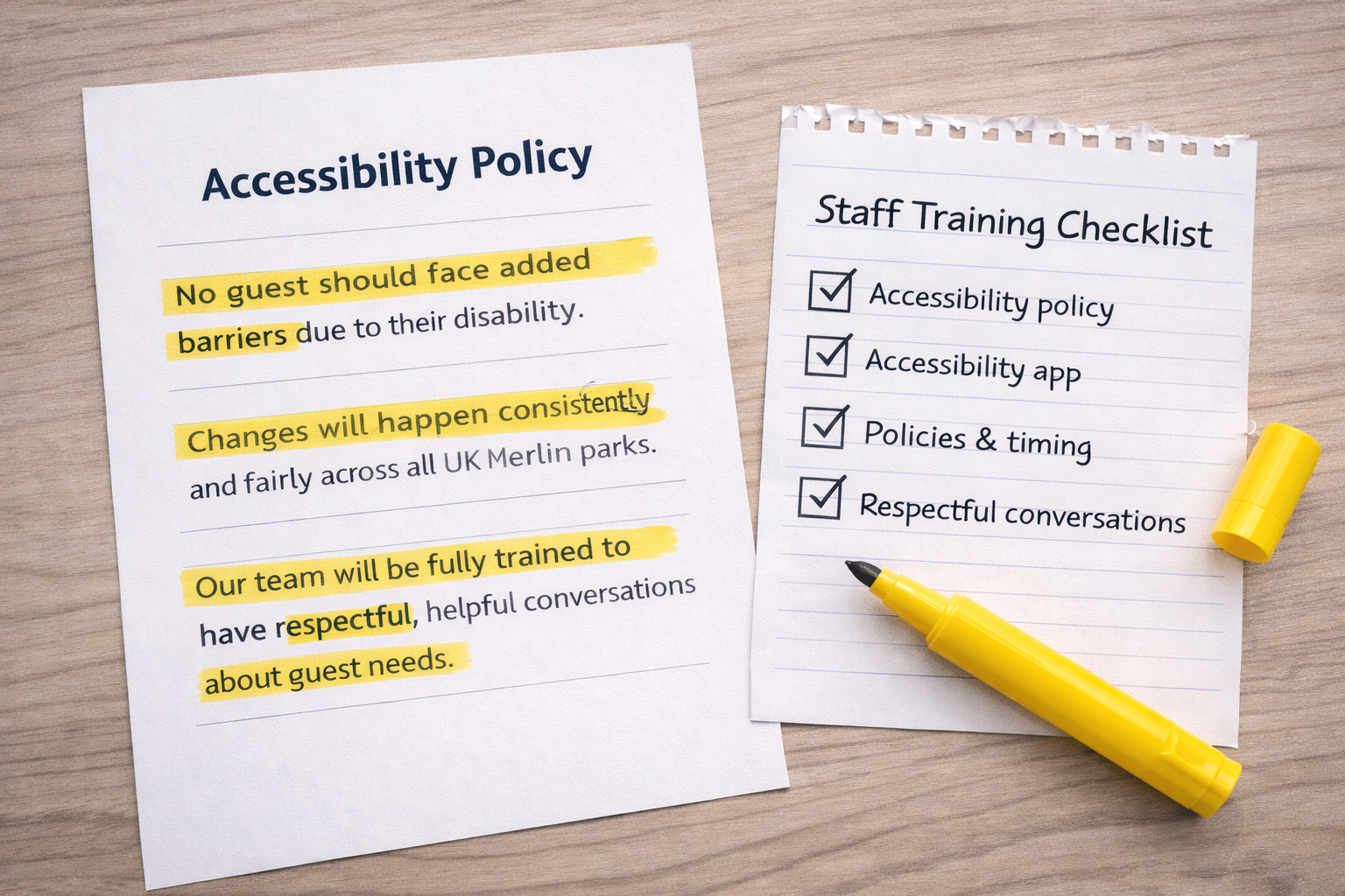 Accessibility policy document with a highlighter and a training checklist